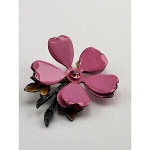 Vintage Pink Enamel Flower Brooch Rhinestone Center 1960s Floral Pin